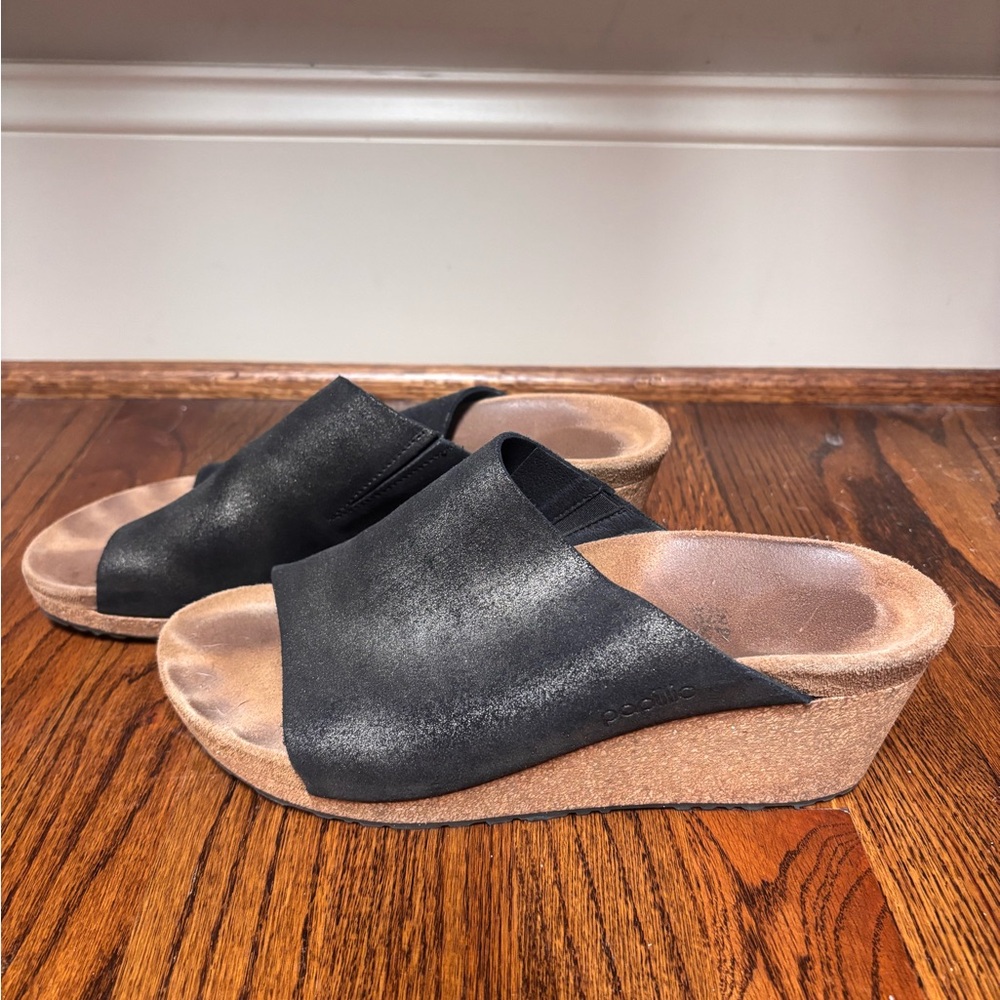 Papillio Black Leather Wedge Slides